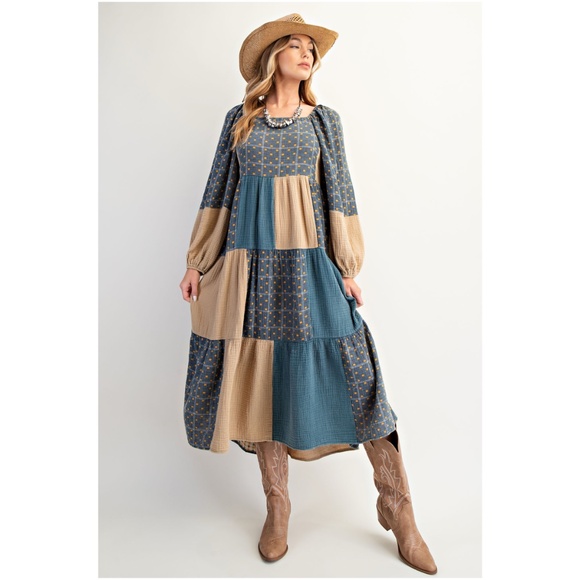 Easel Cotton Square Neck Color Block Patchwork Long Sleeve Dress - Picture 1 of 3